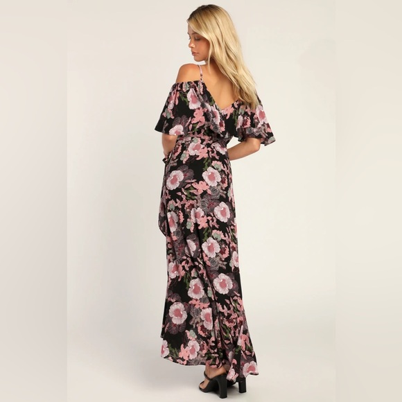 Lulu’s Fully Bloomed Black Floral Off-the-Shoulder Maxi Wrap Dress, Size M - Picture 4 of 8